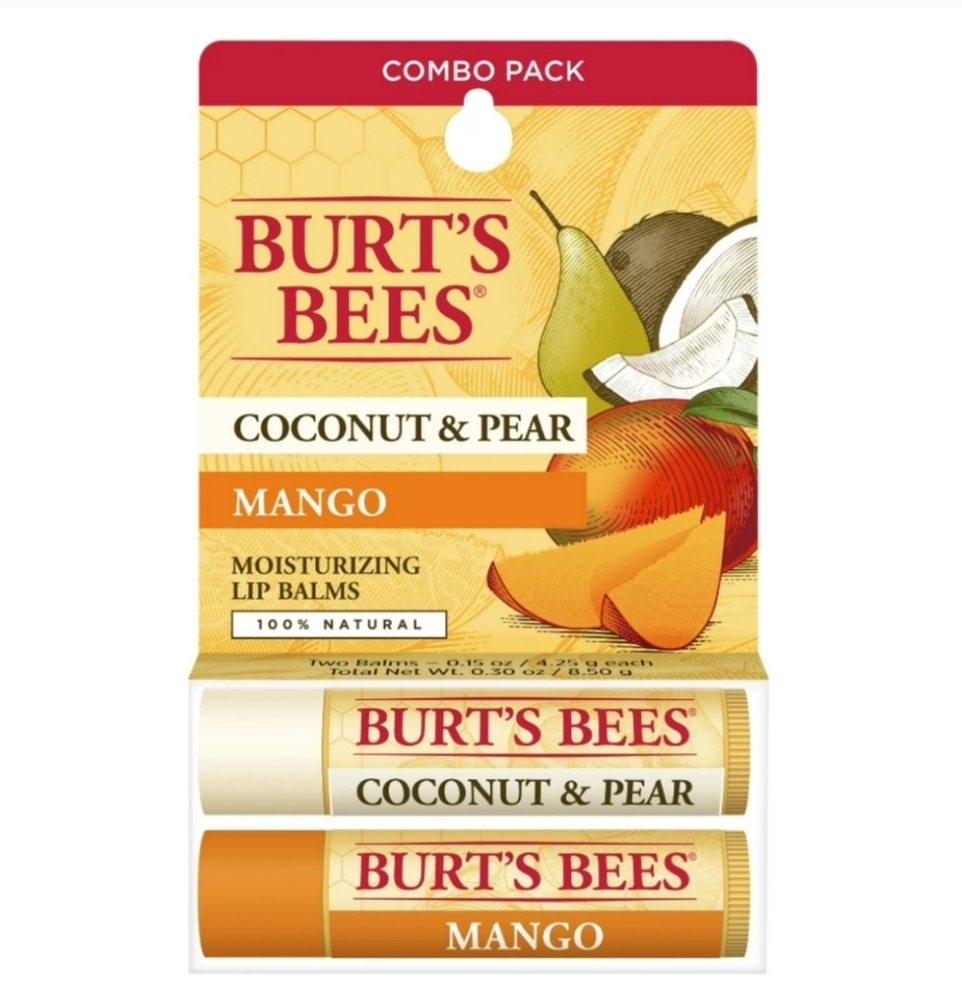 3 x Burt's Bees 100% Natural Lip Balm, Coconut & Pear and Mango, Combo Pack